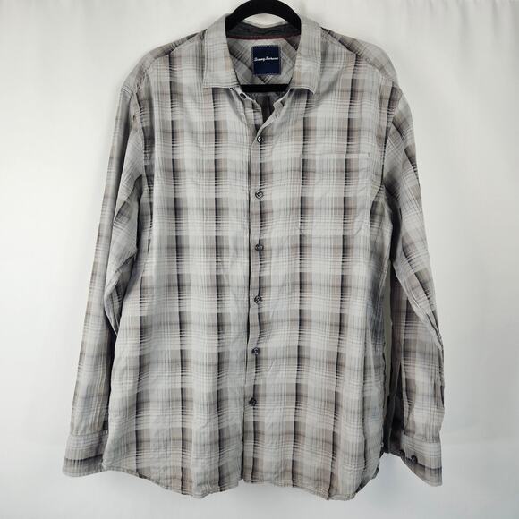 Tommy Bahama Gray Plaid Silk Cotton Blend Long Sleeve Button Up Shirt Men's XL - Picture 2 of 14
